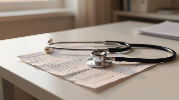 Parent reviewing pediatric vaccination documents at a well-child visit
