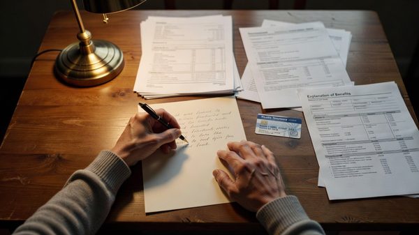Parent writing an appeal letter with medical paperwork and a health insurance card on a desk