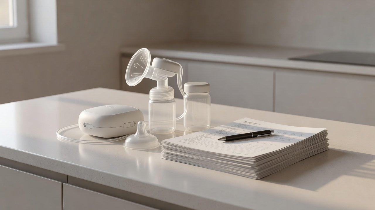 Breast pump parts and storage bottles arranged on a clean kitchen counter beside paperwork
