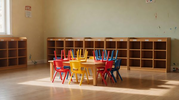 Daycare classroom with small chairs stacked on a low table and cubbies along the wall