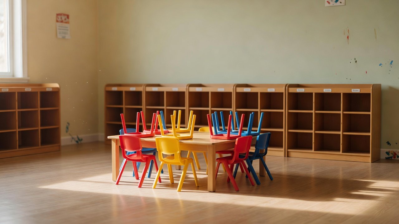 Daycare classroom with small chairs stacked on a low table and cubbies along the wall