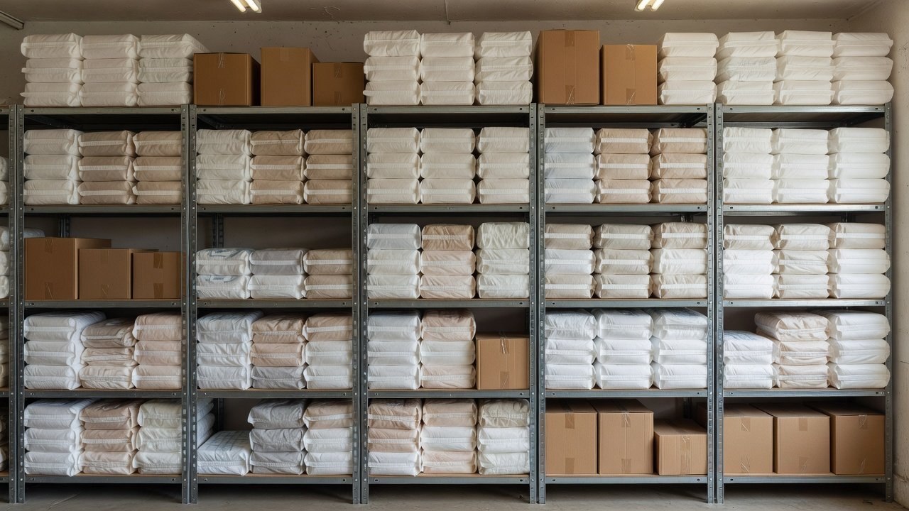 Stacked packages of disposable diapers on shelving in a community storage room