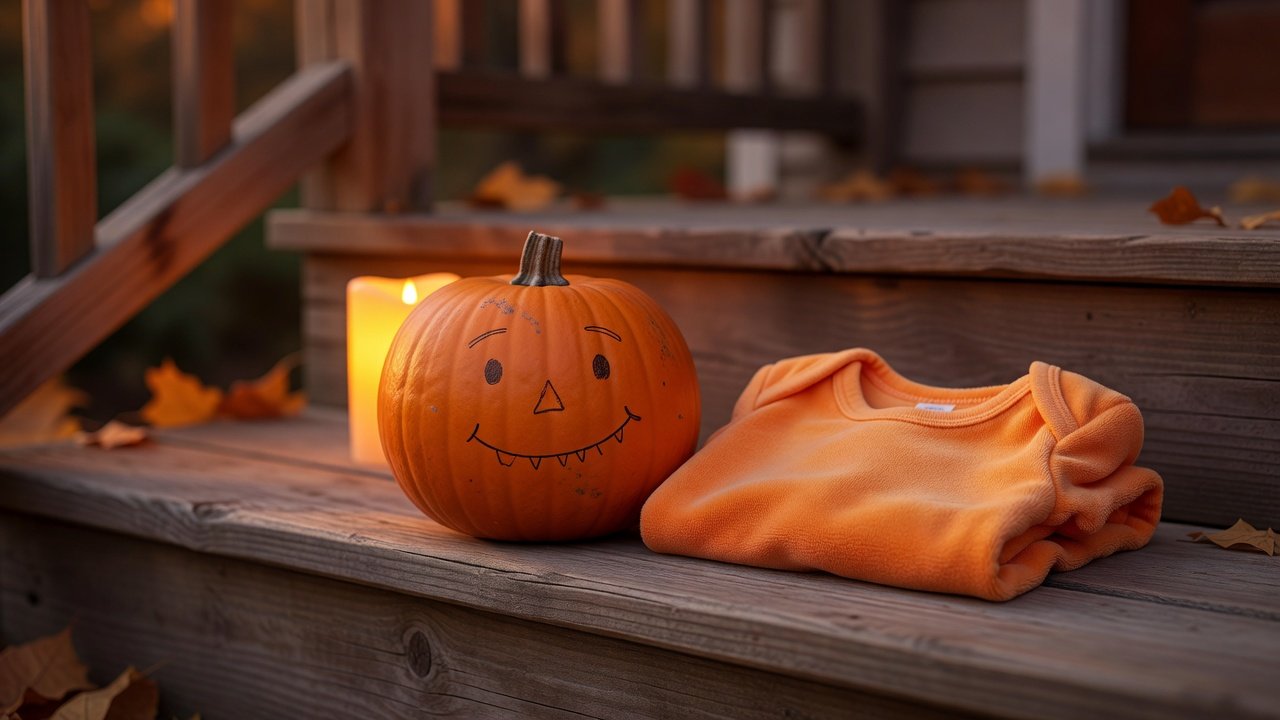 A hand-drawn smiling pumpkin on a porch step beside a folded orange baby onesie at dusk