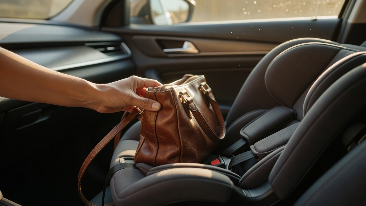 A parent's hand placing a bag on a rear-facing infant car seat as a reminder