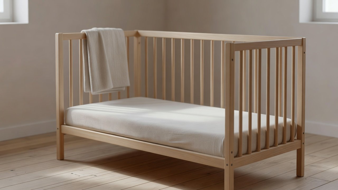 Empty nursery corner with a plain wooden crib and a folded blanket over the rail