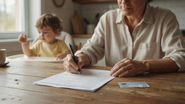 Parent filling out health insurance paperwork for a child's coverage enrollment