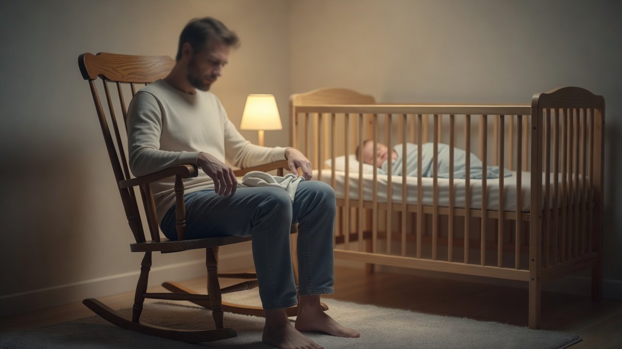 Tired new parent sitting quietly near a baby crib, conveying emotional exhaustion in soft natural light