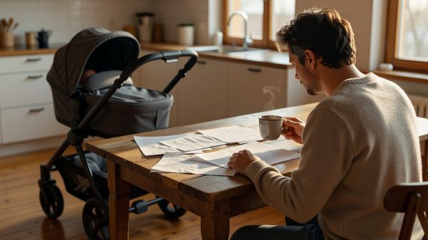 Parent at a kitchen table reviewing coverage paperwork with a coffee, a stroller beside the table