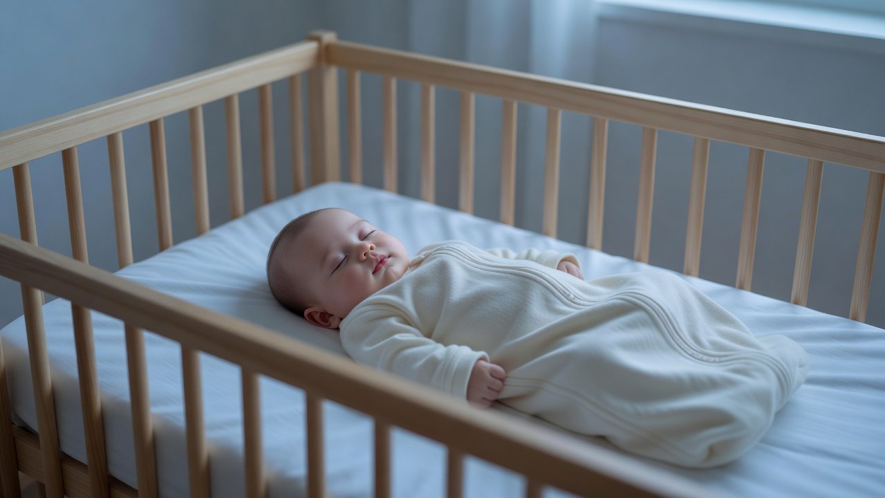 A baby sleeping on their back in a sleep sack in a bare crib with a plain fitted sheet