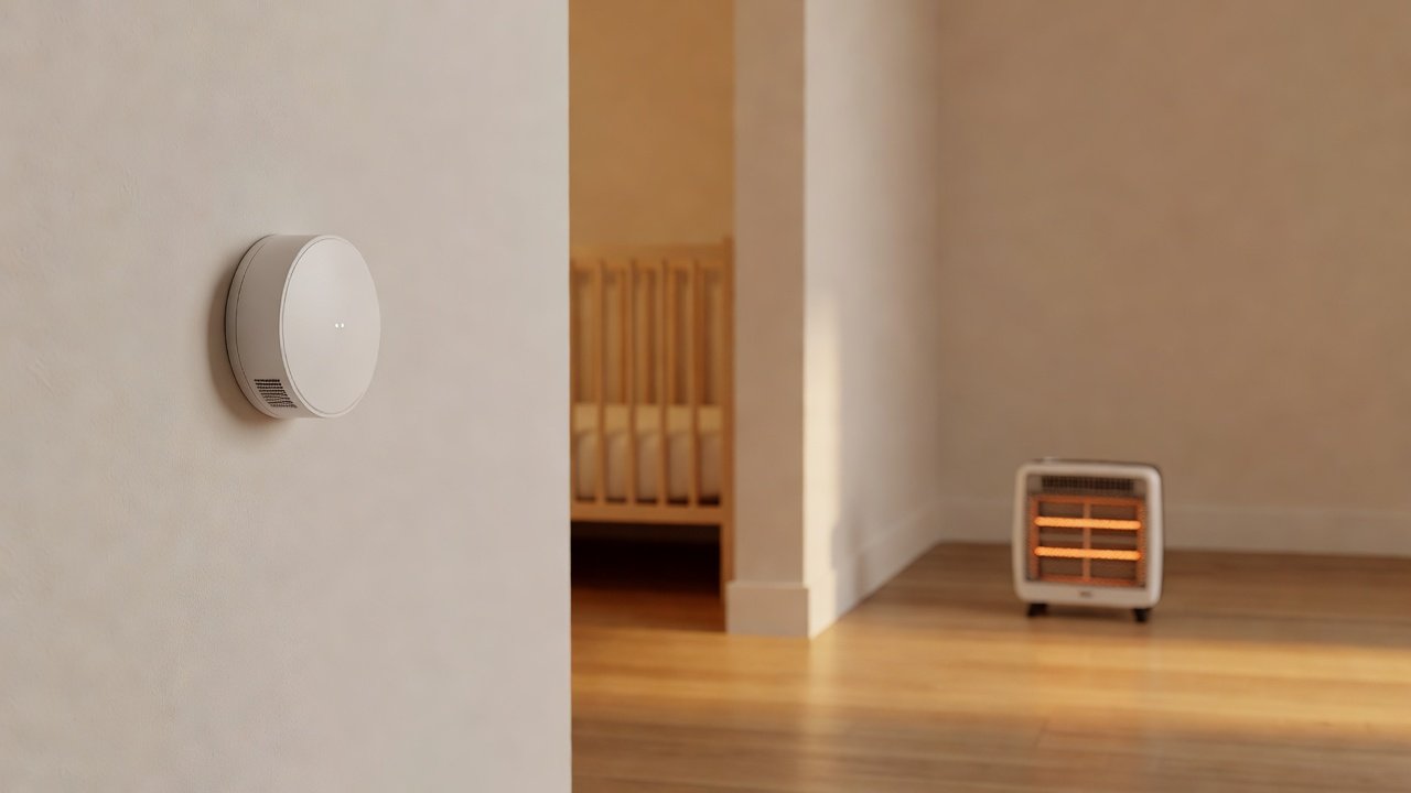A carbon monoxide alarm on a hallway wall with a crib and a distant space heater in the next room
